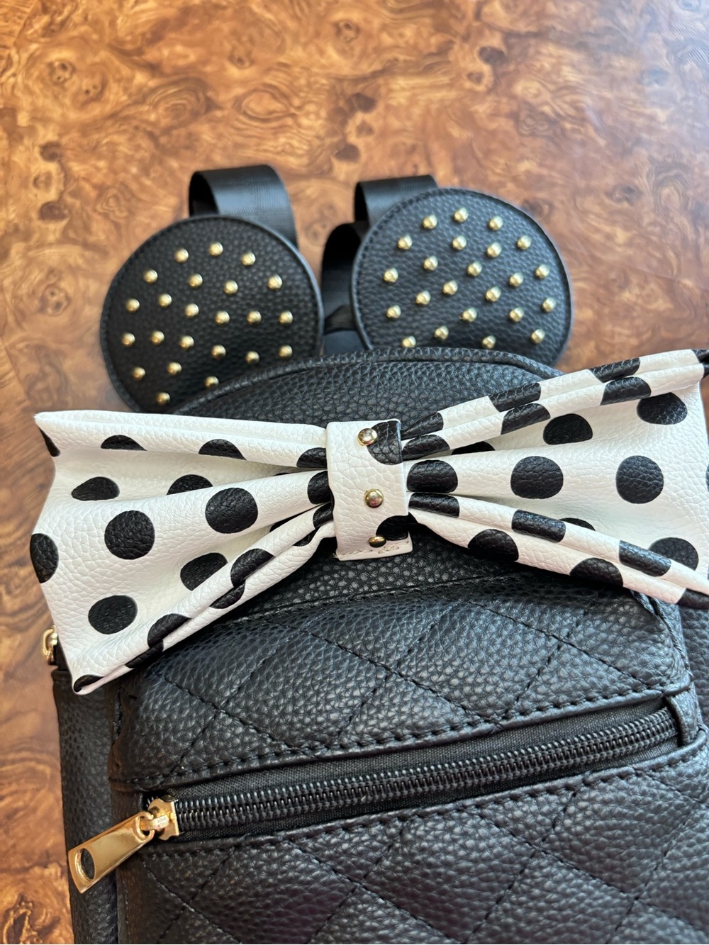 Olivia & Kate Black Mini Backpack Polka Dot Bow Gold Studded Minnie Mouse Ears - Picture 4 of 11